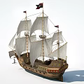 Vintage Wooden Sailing Ship With Multiple Masts White Sails And Decorative Flags