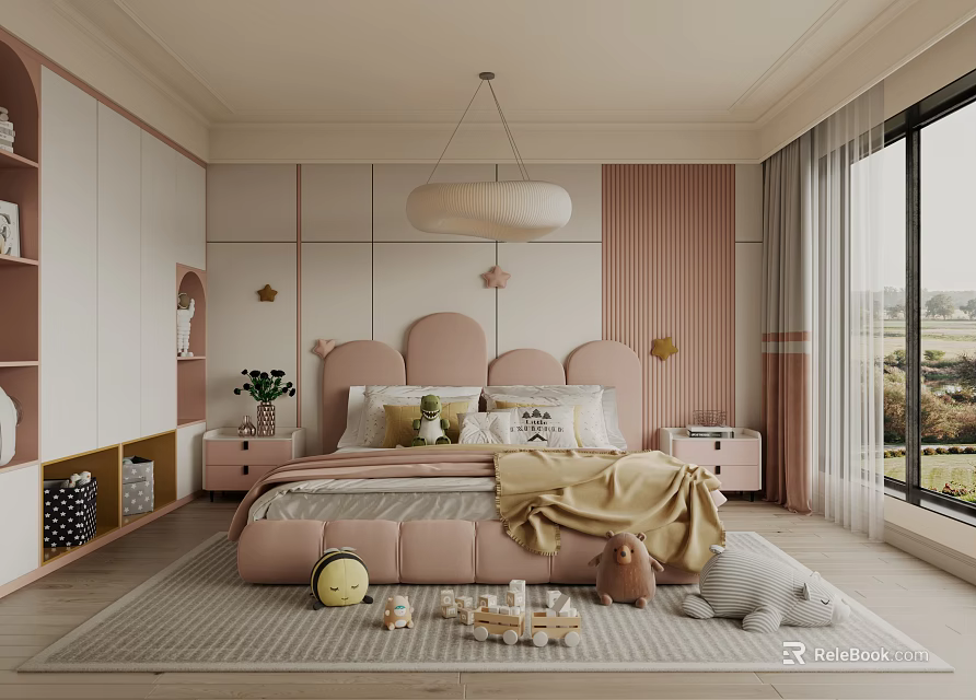 Cozy Playful Kids Room Interior With Pastel Pink Bed Toys And Pendant Light 3d model 