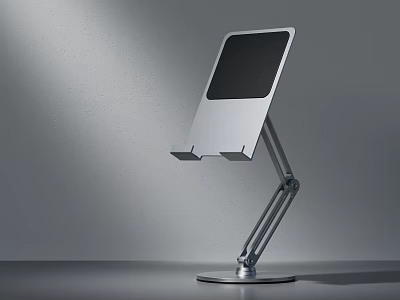 Modern Silver Adjustable Desktop Stand With Black Screen Metal Arm And Round Base 3d model