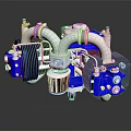 Automotive Parts Blue And White Mechanical Components With Multiple Circular Parts And Pipes