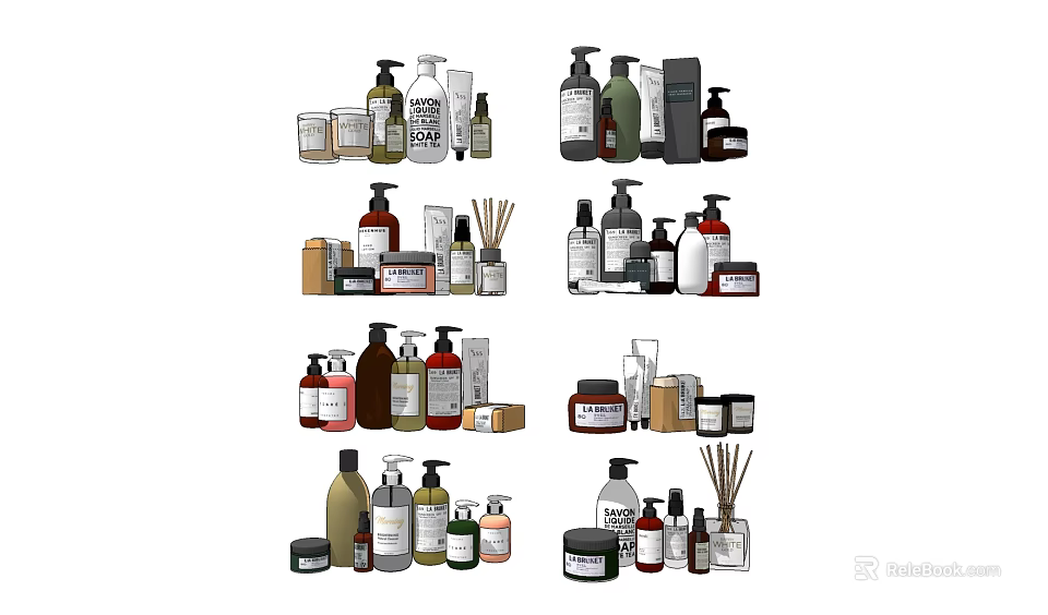 Assorted Bathroom Accessories Collection With Various Bottles Jars And Diffusers 3d model