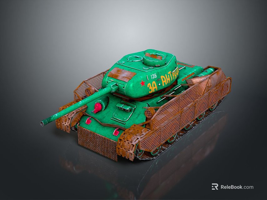 Green Military Tank With Yellow Serial Number And Protective Mesh Structure 3d model 