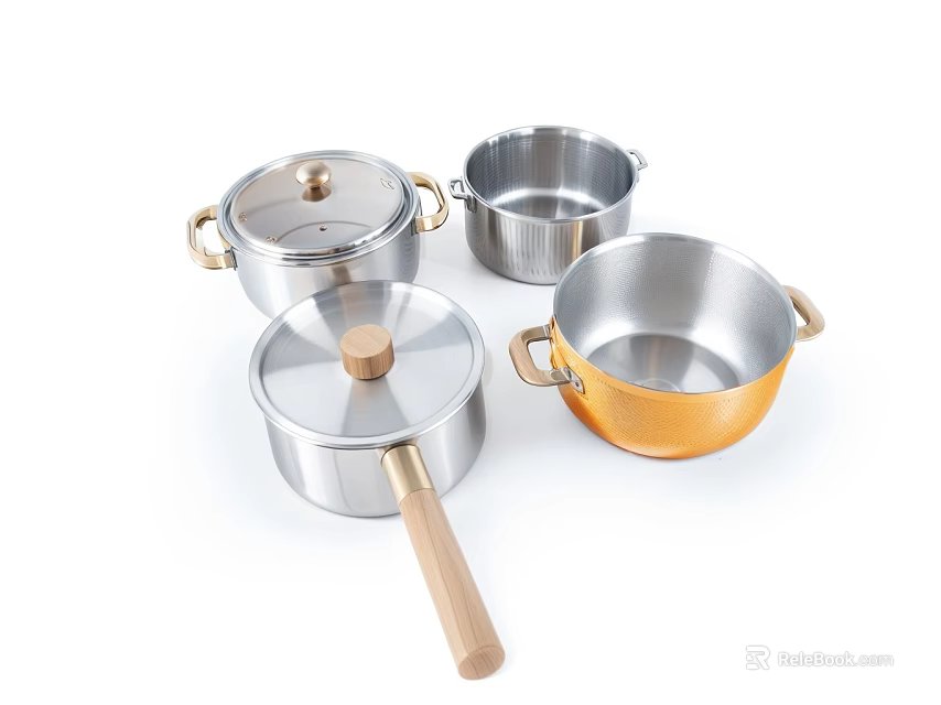 Stainless Steel Cookware Set With Lids Golden Silver Pots And Wooden Handles 3d model 