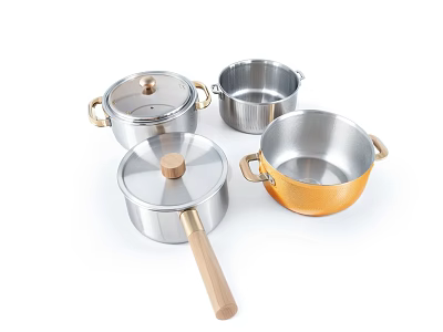 Stainless Steel Cookware Set With Lids Golden Silver Pots And Wooden Handles 3d model