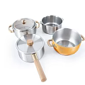 Stainless Steel Cookware Set With Lids Golden Silver Pots And Wooden Handles