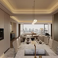 Modern Living And Dining Room With City View Large Windows Beige Sofa And Dining Table