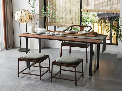 Chinese Traditional Wooden Tea Table With Cushioned Stools Lantern Tea Set And Bamboo Blinds 3d model