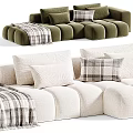 Plush White And Beige Sectional Sofa Featuring Multiple Pillows And Checkered Throw Blanket 3d model