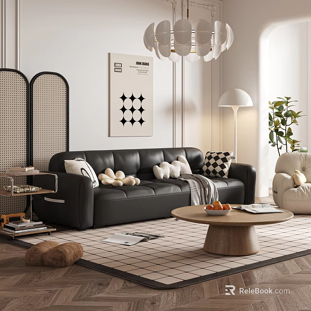 Modern Living Room With Black Leather Sofa White Cushions Beige Armchair And Wooden Coffee Table 3d model 