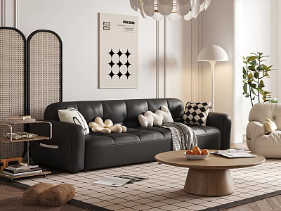 Modern Living Room With Black Leather Sofa White Cushions Beige Armchair And Wooden Coffee Table 3d model