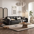 Modern Living Room With Black Leather Sofa White Cushions Beige Armchair And Wooden Coffee Table
