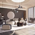 Modern Living Room With Curved Sofa Round Coffee Tables Circular Pendant Lights And Neutral Tones