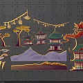Traditional Chinese Decorative Elements Featuring Lanterns Dragon Pagodas Trees And Mountains 3d model