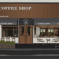 Coffee Shop Storefront Design With Wooden Wall Black Awning Outdoor Seating and Plants