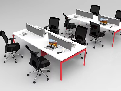 Modern Office Desks With White Desktop Red Legs Black Chairs And Computer Monitors 3d model