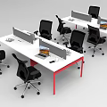 Modern Office Desks With White Desktop Red Legs Black Chairs And Computer Monitors
