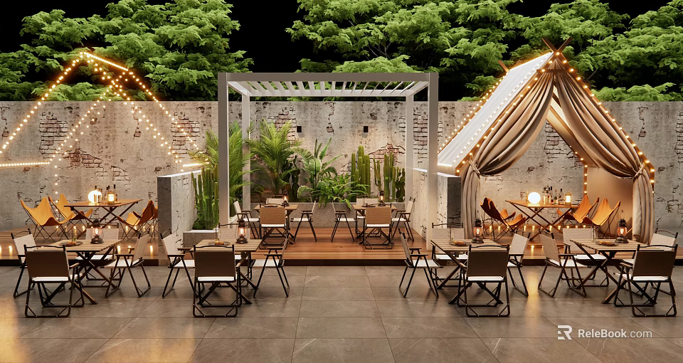 Outdoor Bar With String Lights Green Plants And Seating Area 3d model 