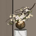 Elegant Brown Vase With White Beige Flowers And Branches On Marble Stand