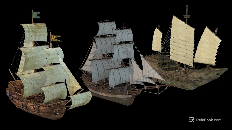 Vintage Sailing Ships With Various Sail Designs And Wooden Structures 3d model 