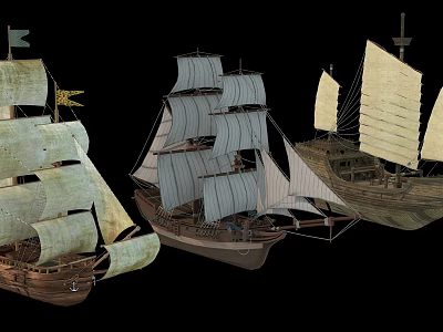 Vintage Sailing Ships With Various Sail Designs And Wooden Structures 3d model