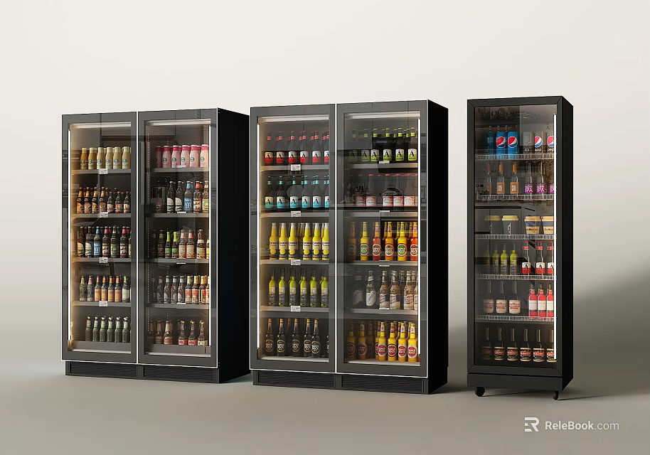 Black Glass Door Display Refrigerators Filled With Various Bottled Canned Beverages For Retail Store 3d model 