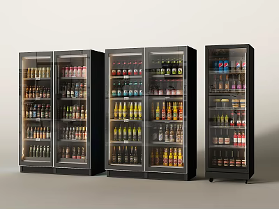 Black Glass Door Display Refrigerators Filled With Various Bottled Canned Beverages For Retail Store 3d model