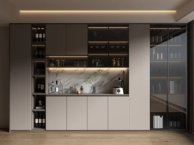 Modern Wine Cabinet Design With Glass Doors Wine Bottles Wine Glasses And Storage Cabinets 3d model