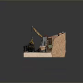 Vintage Steam Train on Railway Tracks with Rocky Cliff Small House and Crane