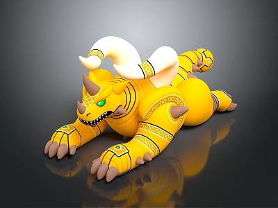 Yellow horned creature with green eyes and golden decorated body lying on dark surface 3d model