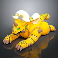 Yellow horned creature with green eyes and golden decorated body lying on dark surface 3d model