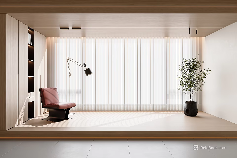 Modern Venetian Blinds in Bright Interior with Red Chair Floor Lamp and Green Plant 3d model 