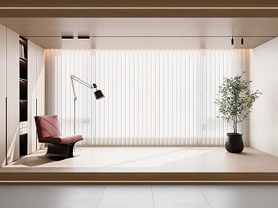Modern Venetian Blinds in Bright Interior with Red Chair Floor Lamp and Green Plant 3d model