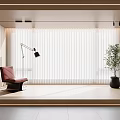 Modern Venetian Blinds in Bright Interior with Red Chair Floor Lamp and Green Plant