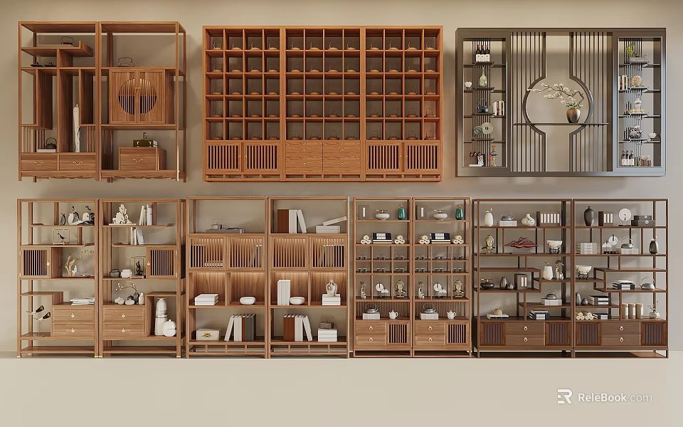 Multiple Chinese Traditional Wooden Bogu Shelves With Lattice Design For Antique 3d model 
