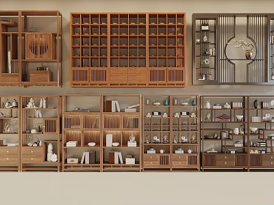 Multiple Chinese Traditional Wooden Bogu Shelves With Lattice Design For Antique 3d model