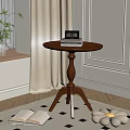 Wooden Round Side Table with Pedestal in Cozy Room with Potted Plant and Open Book