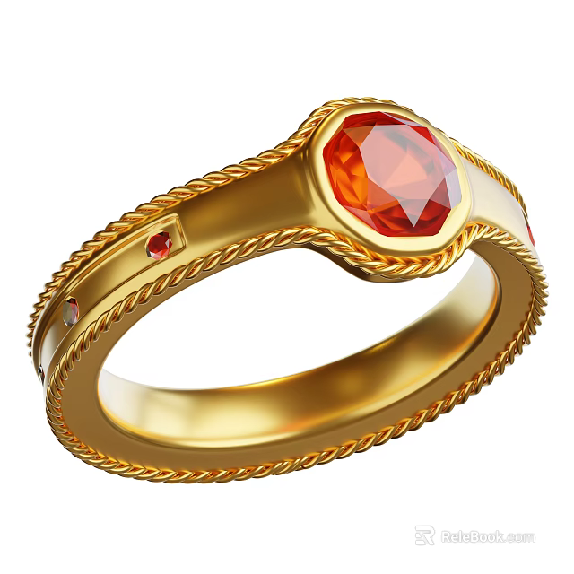 Elegant Decorative Jewelry Set Featuring Gold Ring With Orange Gemstone And Braided Texture 3d model 