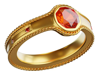 Elegant Decorative Jewelry Set Featuring Gold Ring With Orange Gemstone And Braided Texture 3d model