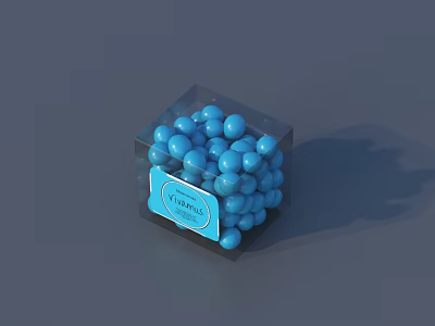 Decorative Ornament Set With Transparent Cube Box Containing Blue Spheres And Blue Label FASHION Text 3d model