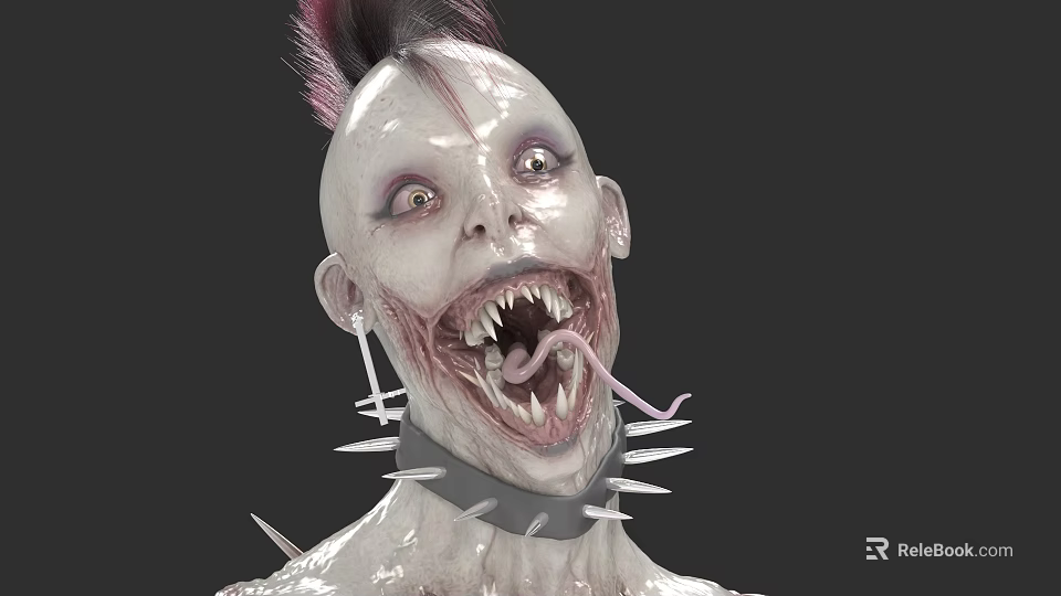 Horror Character With Pink Mohawk Pale Skin Bulging Eyes Sharp Teeth Extended Tongue Spiked Collar 3d model 