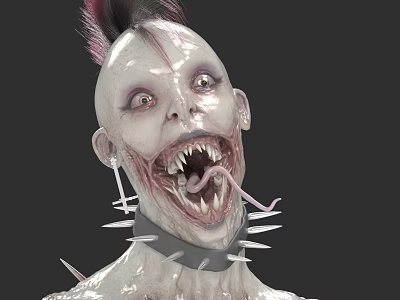 Horror Character With Pink Mohawk Pale Skin Bulging Eyes Sharp Teeth Extended Tongue Spiked Collar 3d model