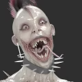 Horror Character With Pink Mohawk Pale Skin Bulging Eyes Sharp Teeth Extended Tongue Spiked Collar