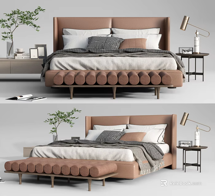 Modern Elegant Double Bed With Beige Upholstered Headboard Plush Pillows Nightstand Lamp And Plant 3d model 