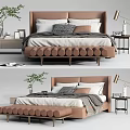 Modern Elegant Double Bed With Beige Upholstered Headboard Plush Pillows Nightstand Lamp And Plant