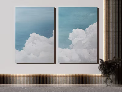 Two Canvas Paintings With Blue Sky White Clouds Modern Wall Decor Gold Trim Plant 3d model