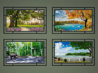Scenic Landscape Paintings With Forest Path Lake Swans Bamboo And White Fence 3d model