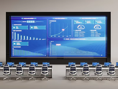Modern Conference Room with Large Digital Screen Displaying Data Charts Graphs Metrics and Organized Workstations 3d model