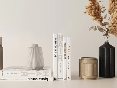 Decorative Ornament Set With Books White Ribbed Vase Black Textured Vase And Dried Pampas Grass 3d model