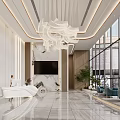 Elegant Sleek White Reception Desk With Unique Wavy Chandelier In Bright Luxury Commercial Lobby
