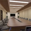 Spacious Conference Room With Long Wooden Table Gray Chairs And Linear Ceiling Lights